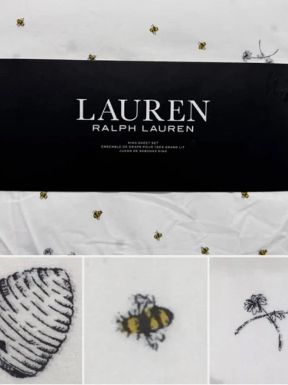 Ralph Lauren KING Sheet Set Bumble Bee Hive Flowers Cotton 18